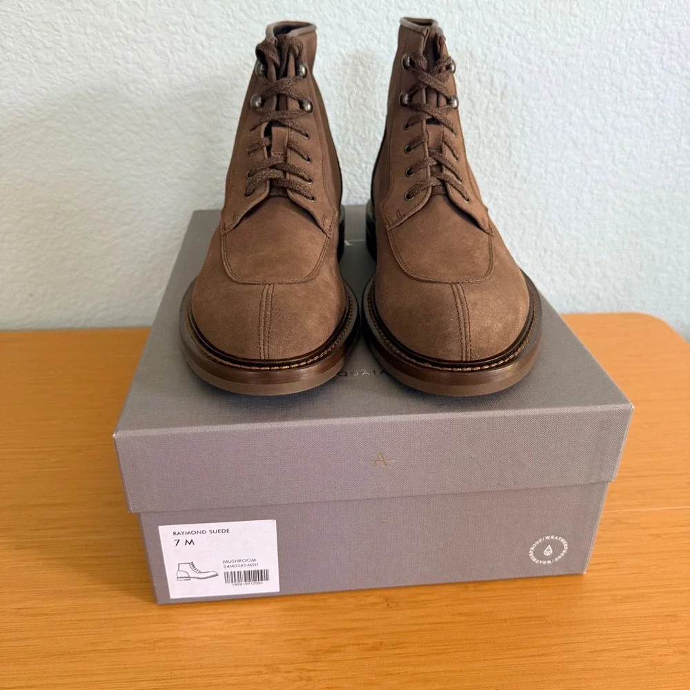 Aquatalia Raymond Suede Boots Mens 7 Mushroom Brown Weatherproof Lace Up Italy